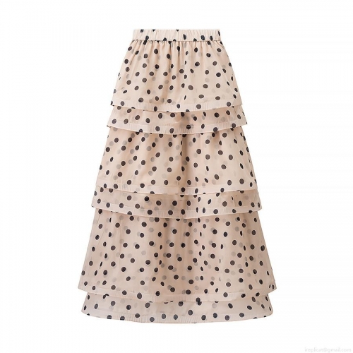 Women's Autumn Chiffon Ruffle Polka Dot Tiered Midi Skirt High Elastic Waist Layered A-Line Skirt Elegant Streetwear Bohemian Style Beige