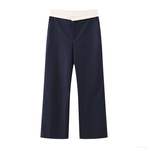 Women's High Waist Contrast Waistband Straight Leg Trousers Casual Loose Suit Pants Autumn Office Commute Navy Blue Fashion Long Pants