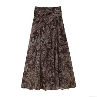 Women's Bohemian Paisley Print High Waist Pleated A-Line Skirt Long Big Swing Chiffon Feeling Maxi Skirts For Fall Streetwear