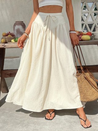 Women High Waist Maxi Skirt Summer Vacation Beach Swing Skirt With Drawstring Textured Polyester Spandex Solid Color Casual Long A-Line Skirts