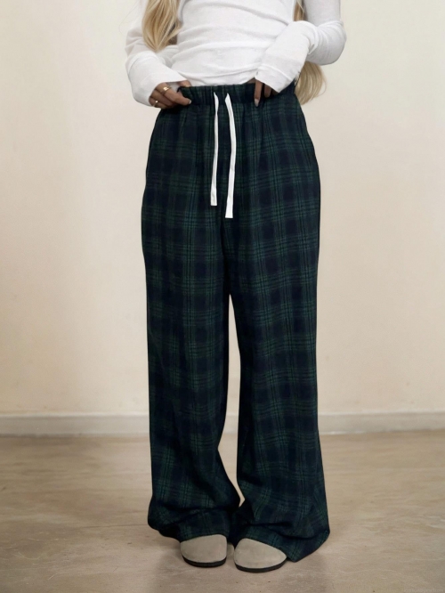 Women's Casual Green Plaid Wide Leg Pants Cotton Polyester Blend Loose Trousers With Elastic Drawstring Waist Vintage Checkered Long Pants For Women