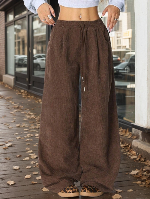 Women's Wide Leg Pants Corduroy High Waist Elastic Drawstring Casual Loose Trousers For Autumn Winter Streetwear Ladies Deep Brown