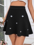 Women's Knit A-Line Mini Skirt With Sequin Flower Decoration Viscose Blend Stylish Black High Waist Short Skirt For Women Casual Autumn Winter Fashion