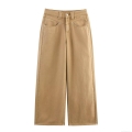 Women's Casual Khaki Straight Leg Jeans Solid Color Polyester Twill Denim Pants Mid Waist Vintage Streetwear Trousers For Women Autumn Fashion