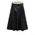 Women's Black PU Leather A-Line Midi Skirt with Belt High Waist Patchwork Faux Leather Long Skirt for Streetwear Office Party Fall Autumn Solid Color Elegance