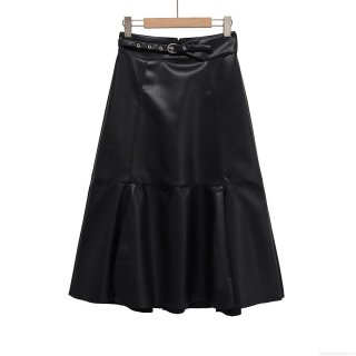 Women's Black PU Leather A-Line Midi Skirt with Belt High Waist Patchwork Faux Leather Long Skirt for Streetwear Office Party Fall Autumn Solid Color Elegance