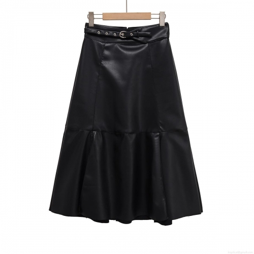 Women's Black PU Leather A-Line Midi Skirt with Belt High Waist Patchwork Faux Leather Long Skirt for Streetwear Office Party Fall Autumn Solid Color Elegance