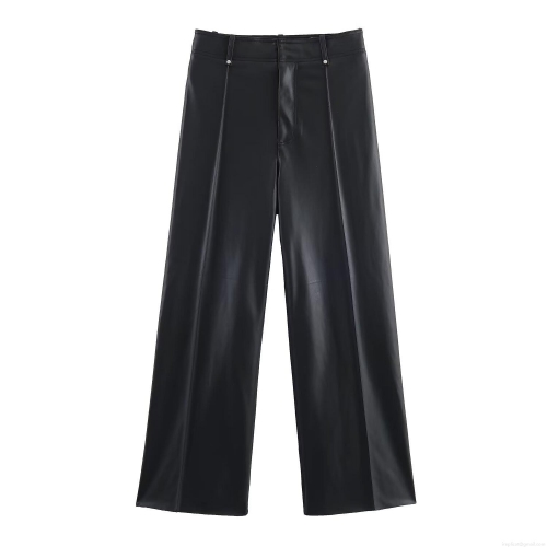 Women High Waisted PU Leather Wide Leg Trousers Autumn Winter Loose Casual Straight Long Pants Faux Leather Streetwear For Lady