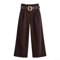 Women's Solid Color Wide Leg Pants 100% Polyester High Waisted Trousers With Faux Leather Belt Loose Fit Straight Casual Long Pants For Office Work Daily Wear