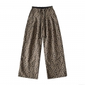 Women Leopard Print Wide Leg Pants Polyester Drawstring High Waist Casual Trousers Autumn Streetwear Fashion Loose Bottoms For Daily Party