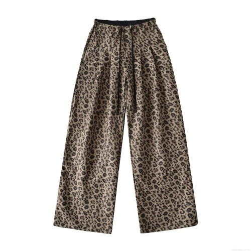 Women Leopard Print Wide Leg Pants Polyester Drawstring High Waist Casual Trousers Autumn Streetwear Fashion Loose Bottoms For Daily Party