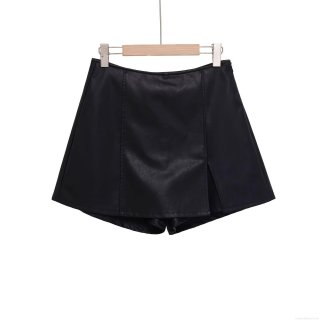 Women High Waist PU Leather Skort Solid Black Side Split Mini Skirt Fashion Bodycon Pencil Skirt For Autumn Winter Streetwear Clubwear