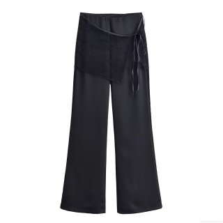 Women's Lace Splicing Wide Leg Pants Casual High Waist Drawstring Trousers Street Style Flowy Black Pants With Satin Ribbon Decoration