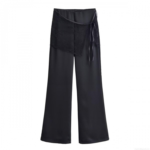 Women's Lace Splicing Wide Leg Pants Casual High Waist Drawstring Trousers Street Style Flowy Black Pants With Satin Ribbon Decoration