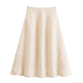 Women's Elegant Cream White A-Line Midi Skirt 100% Polyester With Feather Tassel Texture High Waist Streetwear Skirt For Party Wedding Casual Fall