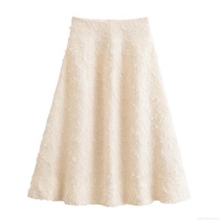 Women's Elegant Cream White A-Line Midi Skirt 100% Polyester With Feather Tassel Texture High Waist Streetwear Skirt For Party Wedding Casual Fall
