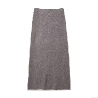 Womens Autumn Knitted Midi Skirt Contrast Trim Polyester High Waist Straight Skirt Elegant Streetwear Casual Long Skirt For Women