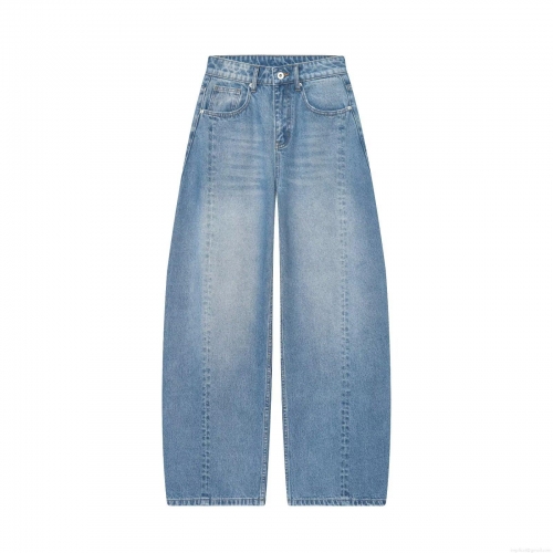 Women's Jeans Distressed Denim Fabric Mid Waist Wide Leg Tapered Long Pants European American Streetwear Style Light Blue Washed Casual Denim Trousers For Women