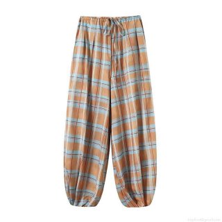Women's Plaid Lantern Pants Retro Tartan Harem Trousers With Elastic Waist And Drawstring Casual Streetwear Loose Full Length Polyester Pants