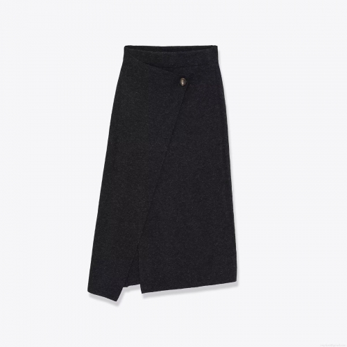 Women's Autumn Winter Double Breasted Slit Midi Skirt Asymmetric High Waist Knit Pencil Skirt Solid Color Casual Streetwear Skirt