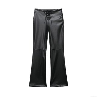 Women's Black PU Leather Flare Pants Fashion Mid Waist Criss Cross Lace Up Trousers Sexy Slim Fit Streetwear Faux Leather Leggings