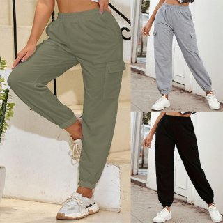 Women High Waist Cargo Joggers Solid Color Polyester Spandex Cuffed Workout Sweatpants With Flap Pockets Casual Sporty Outdoor Trousers