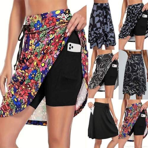 Women's 2-in-1 Athletic Skorts Milk Silk High Waisted Tennis Skirts with Pockets Casual Floral Geometric Printed Sports Shorts for Running Yoga Outdoor