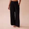 Women's High Waist Pleated Wide Leg Pants Elastic Waist Loose Casual Trousers Solid Color Lounge Palazzo Pants with Pockets Polyester Spandex