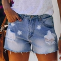 Women's Fashion Star Print Ripped Denim Shorts Trendy Distressed Fringe Hem Jeans Shorts Summer Casual High Street Straight Leg Hot Pants for Women
