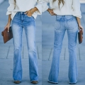 Women High Waisted Flare Jeans Washed Light Blue Denim Pants With Raw Hem Stretchy Bell Bottom Trousers For Casual Urban Commute Fashion