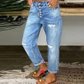 Women's High Waist Ripped Denim Jeans Multi Button Fly Distressed Straight Leg Cotton Pants Light Blue Washed Streetwear Casual Long Trousers
