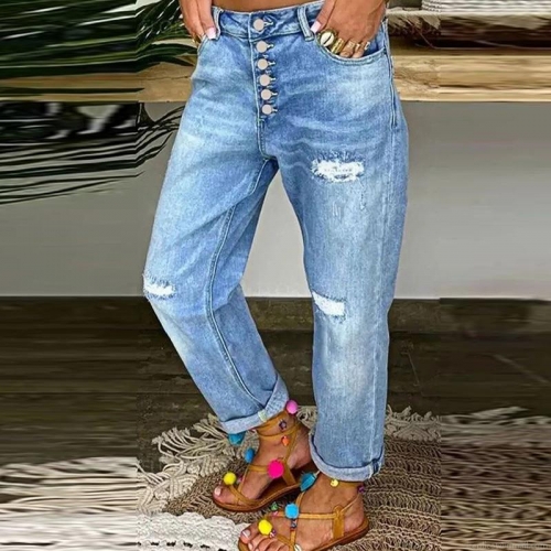 Women's High Waist Ripped Denim Jeans Multi Button Fly Distressed Straight Leg Cotton Pants Light Blue Washed Streetwear Casual Long Trousers
