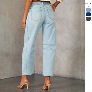 Women's Casual Straight Leg Denim Jeans High Waist Washed Cotton Blend Stitched Nine-Point Trousers Fashion Streetwear For Daily Wear