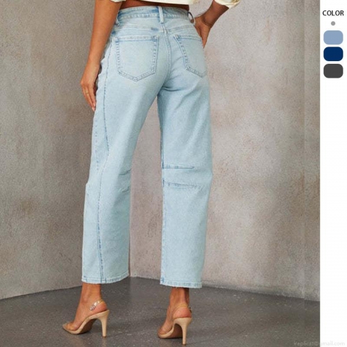 Women's Casual Straight Leg Denim Jeans High Waist Washed Cotton Blend Stitched Nine-Point Trousers Fashion Streetwear For Daily Wear