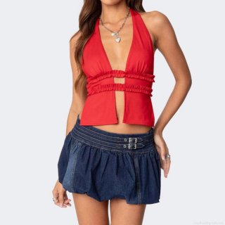 Women's Summer Low Waist Denim Mini Skirt Bubble Hem Pleated Solid Color Skirt With Metallic Buckle Detail Cotton Polyester Denim For Streetwear Lady