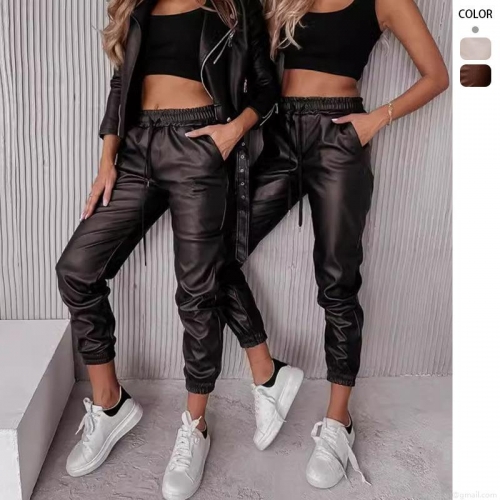 Women Sexy PU Faux Leather Jogger Pants High Waisted Drawstring Cuffed Trousers Fashion Streetwear Casual Slim Fit Fall Winter Leather Pants For Women