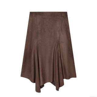 Women's Elegant Faux Suede Midi Skirt High Waist Asymmetric Hem A-Line Coffee Brown Retro Solid Color Casual Skirt For Winter Office Dating Fashion Separates