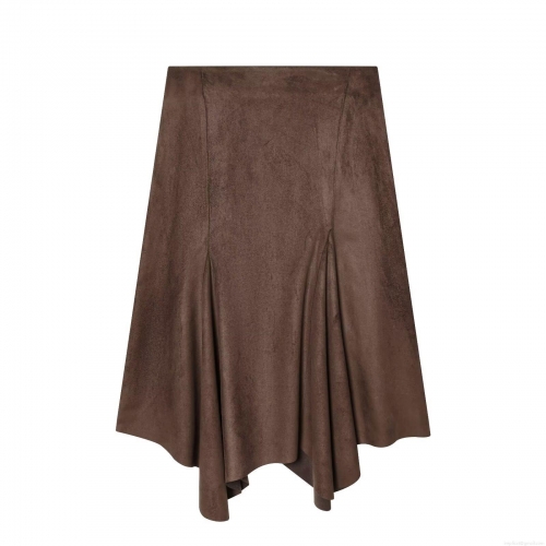 Women's Elegant Faux Suede Midi Skirt High Waist Asymmetric Hem A-Line Coffee Brown Retro Solid Color Casual Skirt For Winter Office Dating Fashion Separates