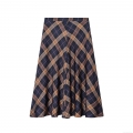 Women Casual Plaid A-Line Maxi Skirt High Waist Navy Blue Checkered Long Skirt With Pockets Spandex Polyester Blend Skirt For Daily Wear