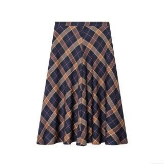 Women Casual Plaid A-Line Maxi Skirt High Waist Navy Blue Checkered Long Skirt With Pockets Spandex Polyester Blend Skirt For Daily Wear
