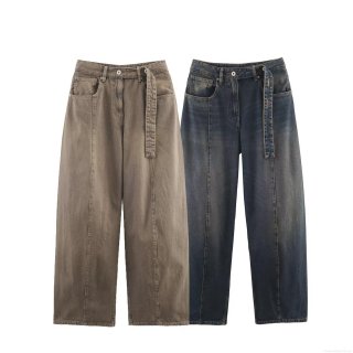 Women's Retro Washed Barrel Leg Jeans Loose Fit Low Waist Wide Leg Denim Pants With Belt Casual Cotton Blend Trousers For Women