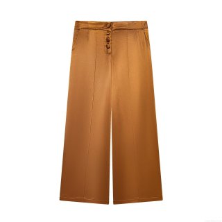 Women's Satin Wide Leg Trousers High Waisted Elegant Bronze Loose Long Pants With Decorative Buttons For Office Daily Casual Wear