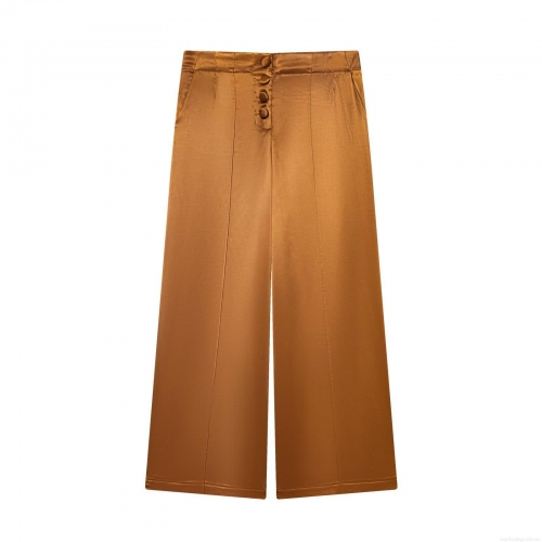 Women's Satin Wide Leg Trousers High Waisted Elegant Bronze Loose Long Pants With Decorative Buttons For Office Daily Casual Wear