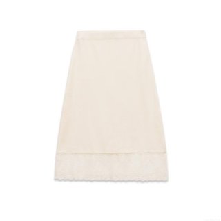 Women's Casual Knit Midi Skirt With Lace Hem Elastic Waist Solid Color Ribbed Polyester A-Line Bottom For Winter Autumn Daily Wear