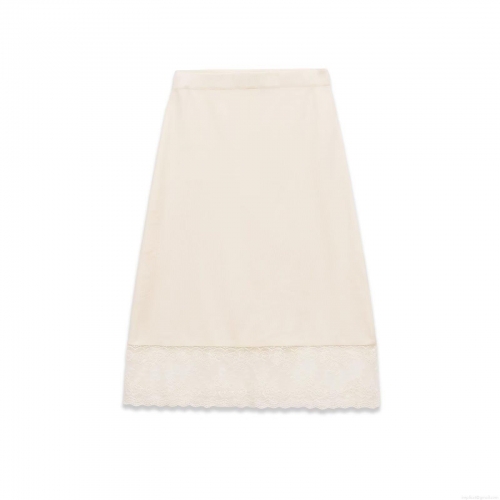 Women's Casual Knit Midi Skirt With Lace Hem Elastic Waist Solid Color Ribbed Polyester A-Line Bottom For Winter Autumn Daily Wear