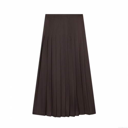 Women's High Waist Pleated Mid-length A-line Skirt Solid Color Chocolate Brown Preppy Style Polyester Long Skirt For Winter Daily Wear