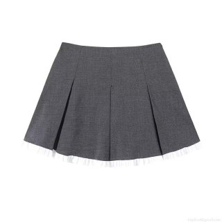 Women's High Waist Grey Plaid Pleated Mini Skirt With White Ruffle Hem And Built-In Safety Shorts Casual Preppy A-Line Skirt For Ladies
