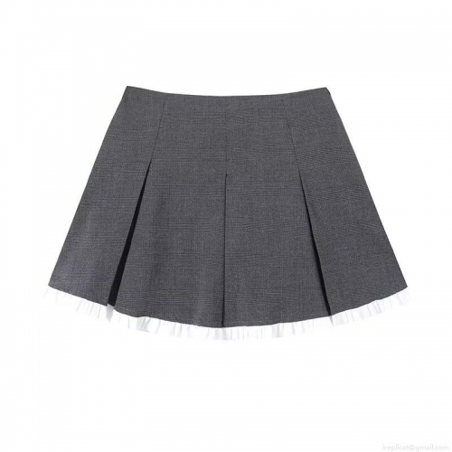 Women's High Waist Grey Plaid Pleated Mini Skirt With White Ruffle Hem And Built-In Safety Shorts Casual Preppy A-Line Skirt For Ladies