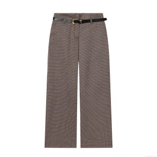 Women Fashion Houndstooth Straight Leg Trousers With Belt High Waist Casual Loose Polyester Spandex Blend Long Pants Winter Elegant Lady Bottoms