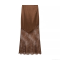 Women's Elegant Satin Lace Patchwork Midi Skirt Sexy Bodycon High Waist Brown Skirt Socialite Pencil Skirt for Party Clubwear